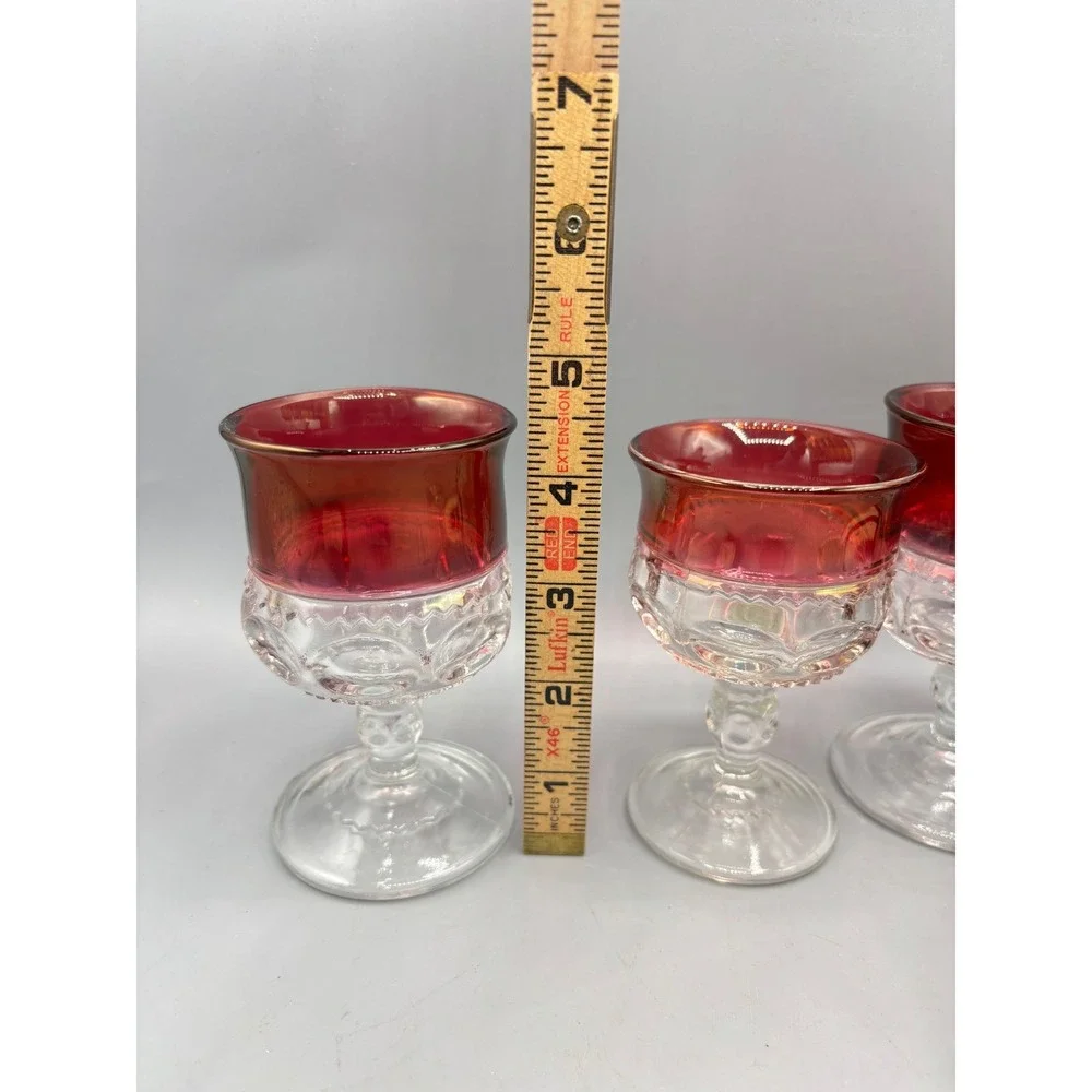 Vtg 4 Pc Ruby Red Flashed Glass Cordial Goblets Kings Crown‎ Stem Bar Ware